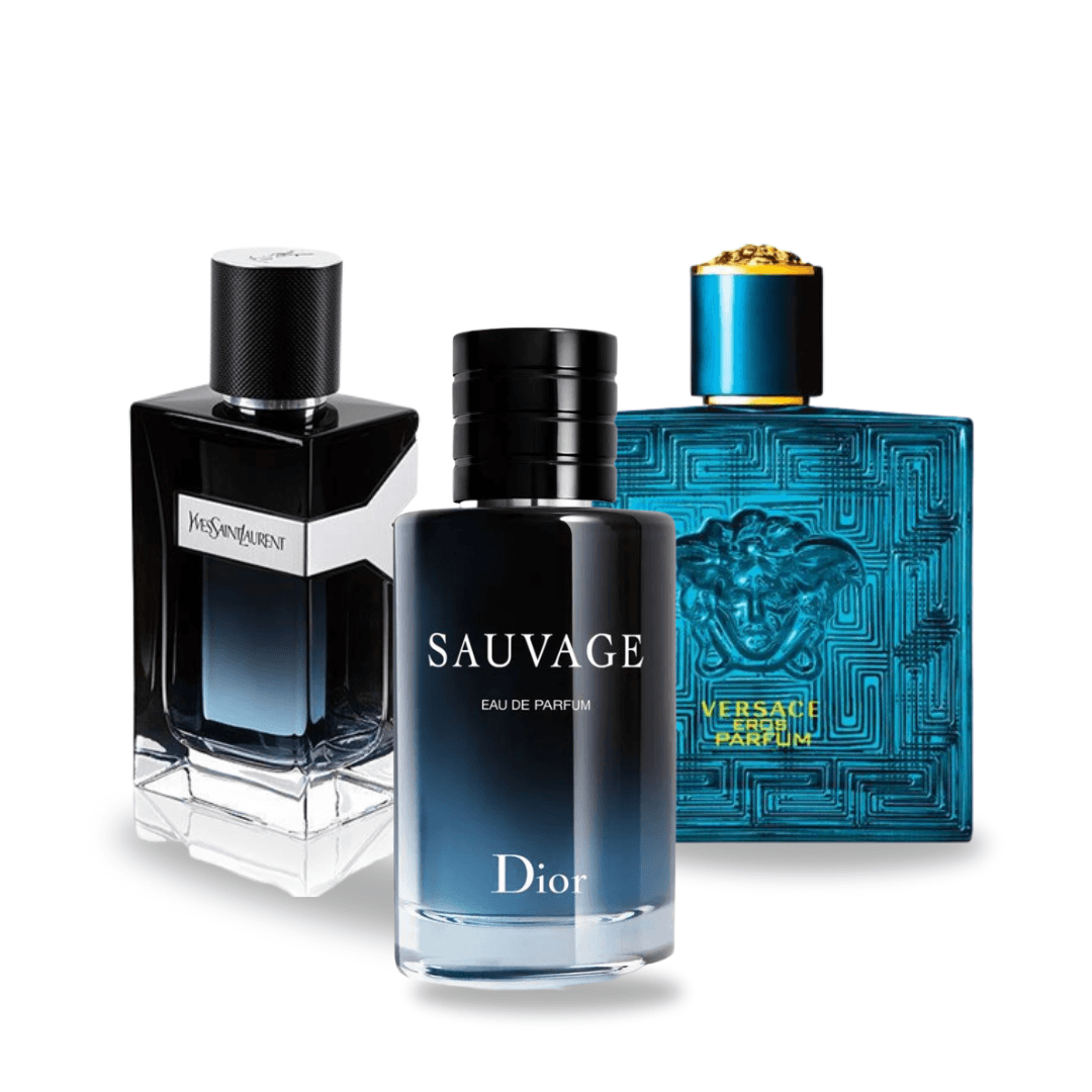 Kite de 3 perfumes Dior SAUVAGE, Yves Saint Laurent Y MEN y Versace EROS 100ml