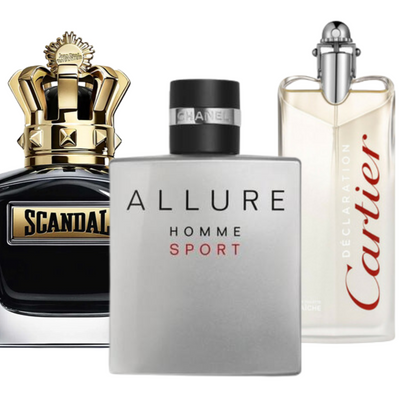 Kit de 3 perfumes Allure Homme Sports, Jean Paul Gaultier Scandal, y Cartier Declaration 100ml